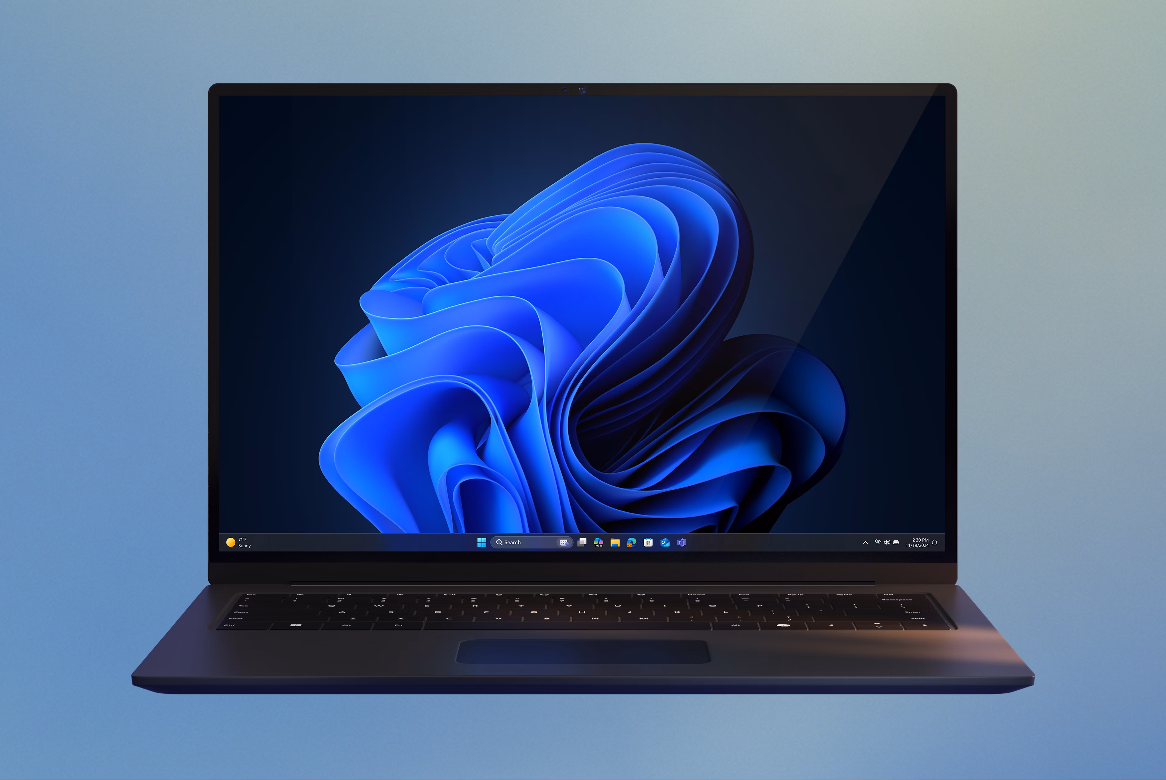 An open laptop displaying the Windows blue bloom image against a gradient blue and green background